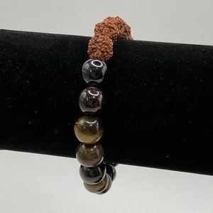 Rudraksha/Tiger's Eye/Garnet Bead Stretch Bracelet